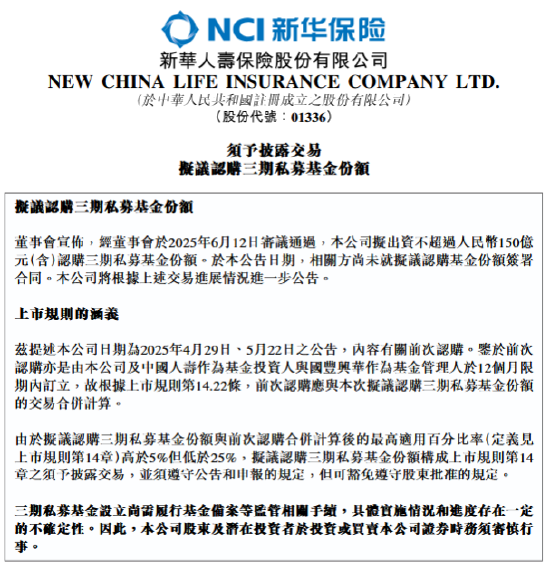 新华保(🙏)险：拟出资不超过150亿元认购三期私募基金份额(🥚)